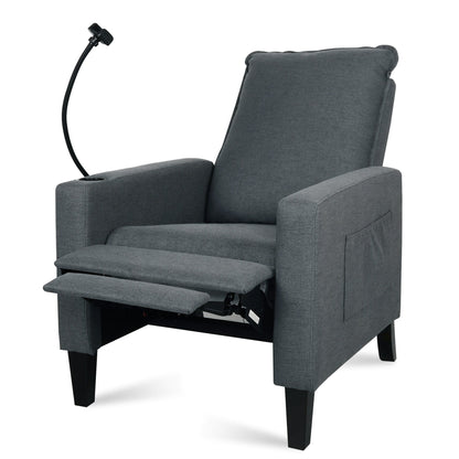 Fauteuil inclinable manuel moderne en tissu gris avec support pour téléphone portable, porte-gobelet et repose-pieds