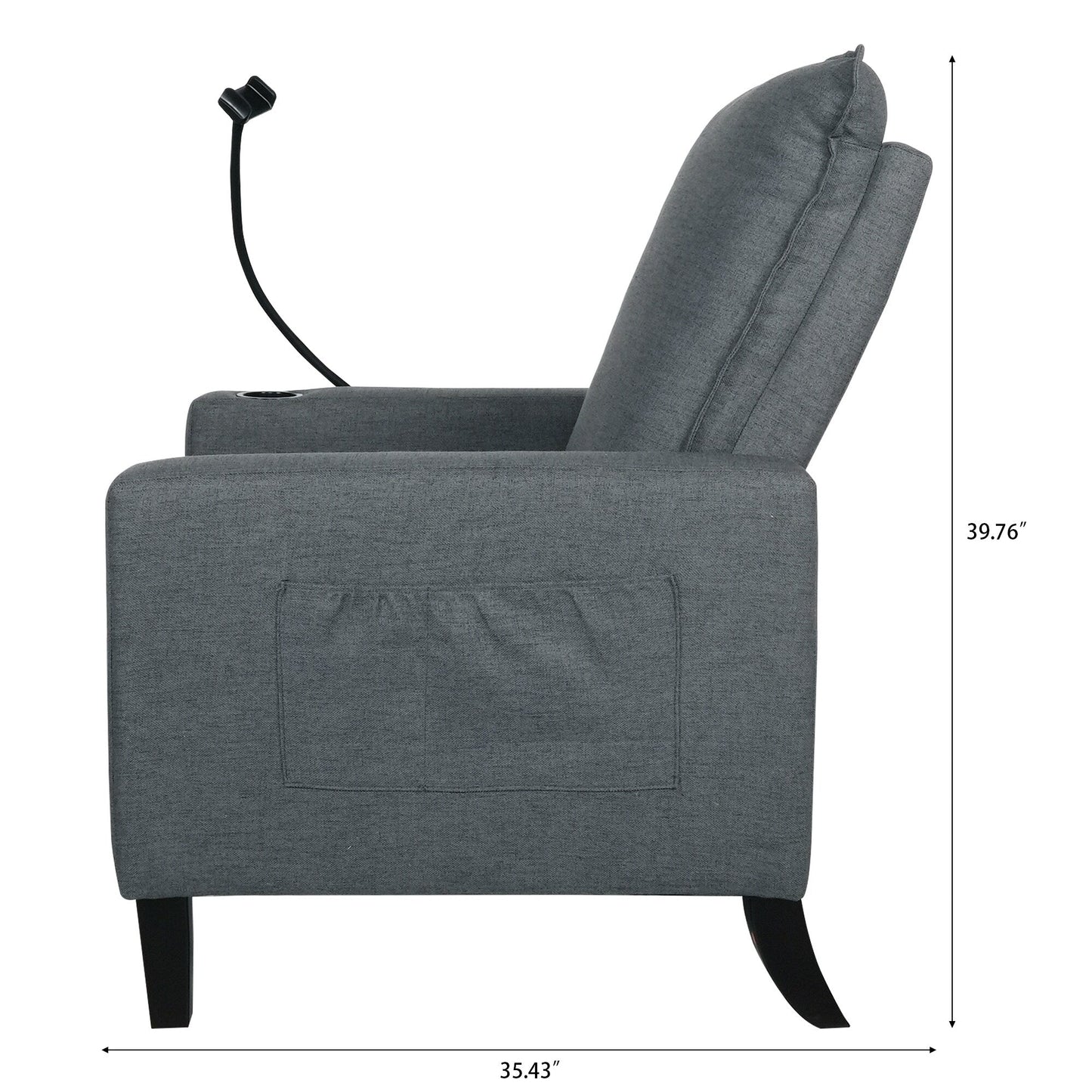 Fauteuil inclinable manuel moderne en tissu gris avec support pour téléphone portable, porte-gobelet et repose-pieds