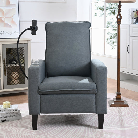 Fauteuil inclinable manuel moderne en tissu gris avec support pour téléphone portable, porte-gobelet et repose-pieds