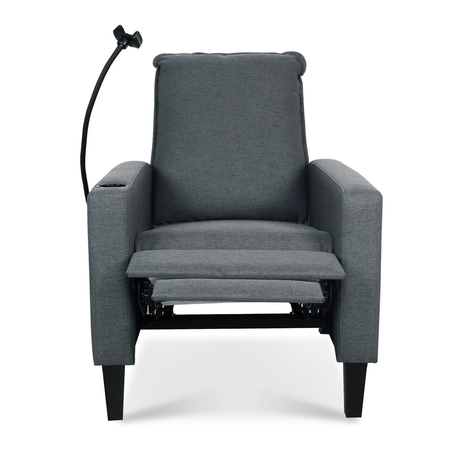 Fauteuil inclinable manuel moderne en tissu gris avec support pour téléphone portable, porte-gobelet et repose-pieds