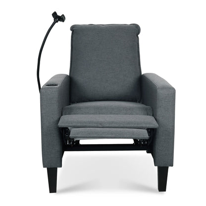 Fauteuil inclinable manuel moderne en tissu gris avec support pour téléphone portable, porte-gobelet et repose-pieds
