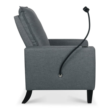Fauteuil inclinable manuel moderne en tissu gris avec support pour téléphone portable, porte-gobelet et repose-pieds