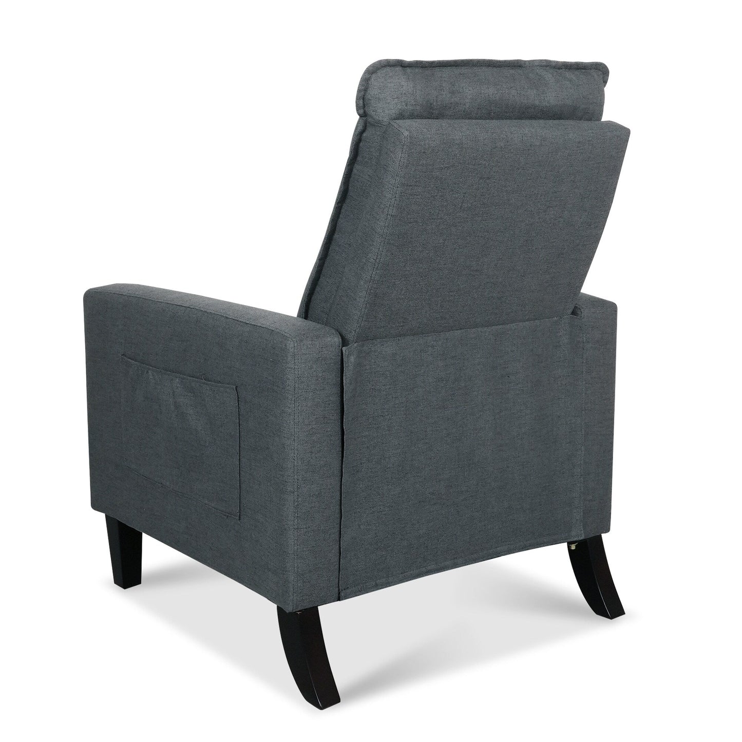 Fauteuil inclinable manuel moderne en tissu gris avec support pour téléphone portable, porte-gobelet et repose-pieds