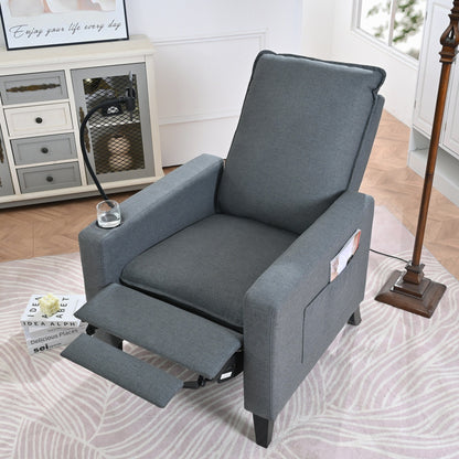 Fauteuil inclinable manuel moderne en tissu gris avec support pour téléphone portable, porte-gobelet et repose-pieds