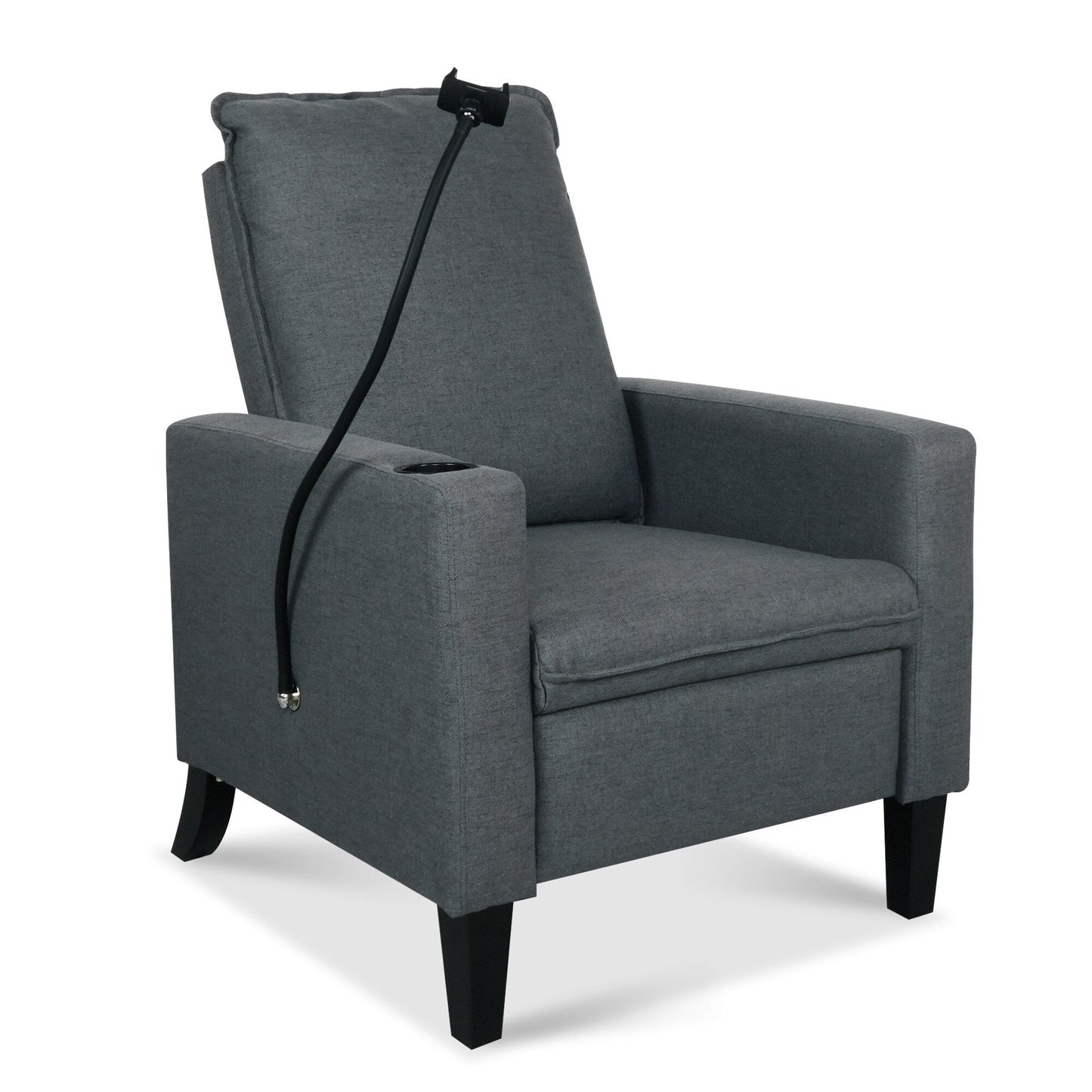 Fauteuil inclinable manuel moderne en tissu gris avec support pour téléphone portable, porte-gobelet et repose-pieds