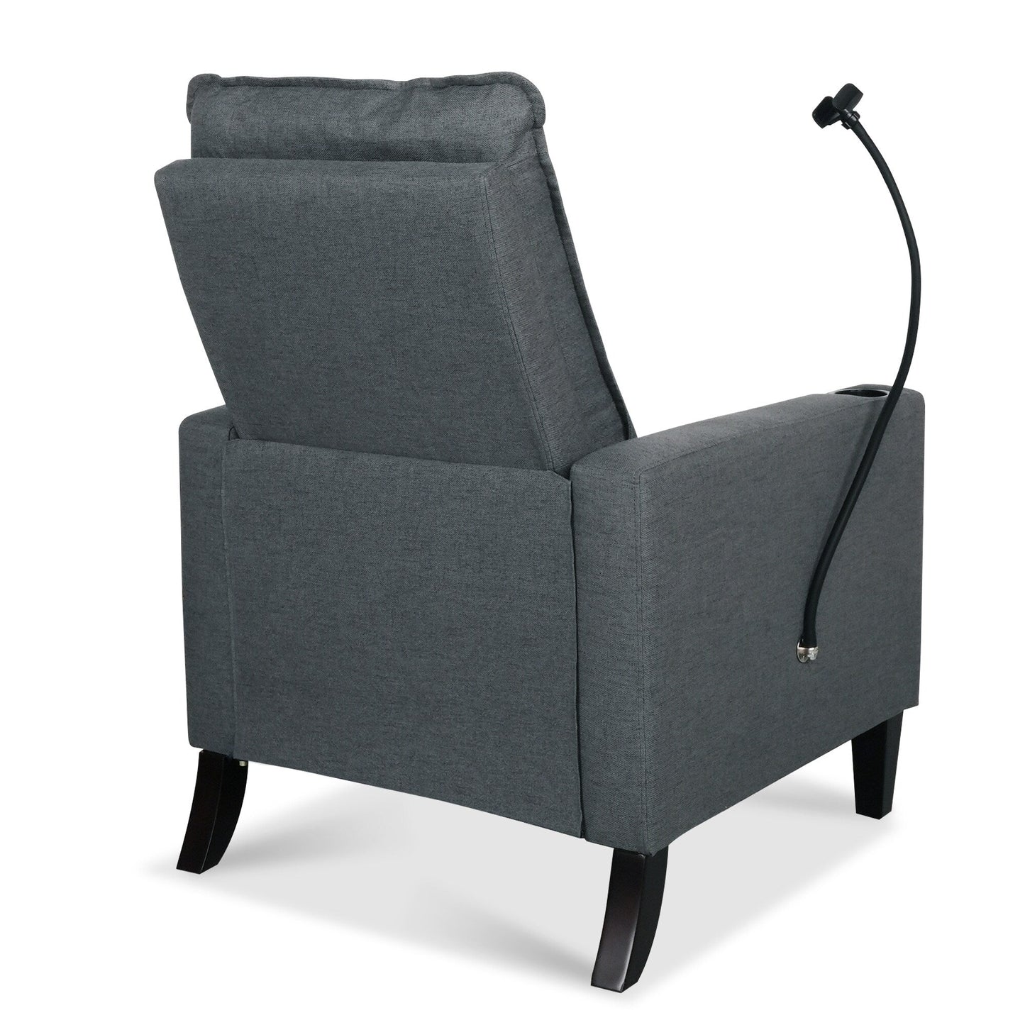 Fauteuil inclinable manuel moderne en tissu gris avec support pour téléphone portable, porte-gobelet et repose-pieds