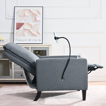 Fauteuil inclinable manuel moderne en tissu gris avec support pour téléphone portable, porte-gobelet et repose-pieds