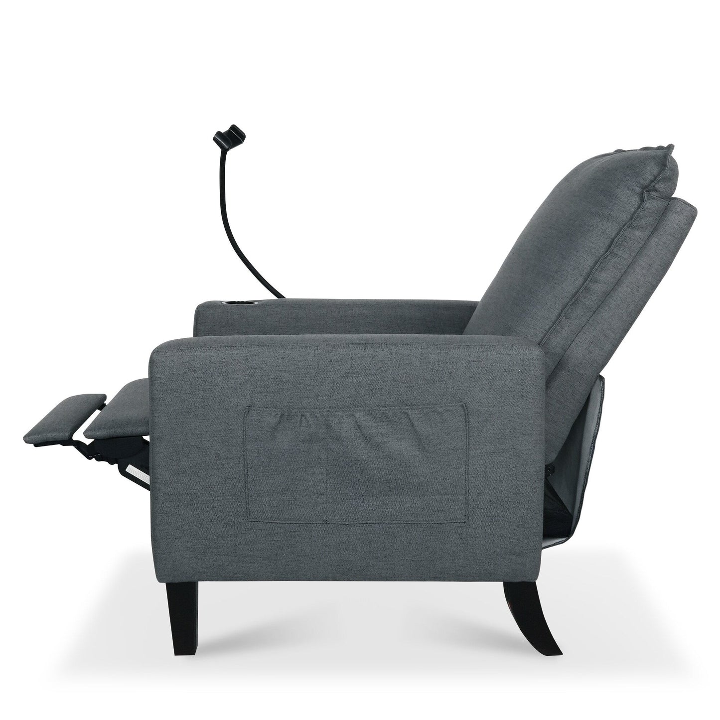 Fauteuil inclinable manuel moderne en tissu gris avec support pour téléphone portable, porte-gobelet et repose-pieds