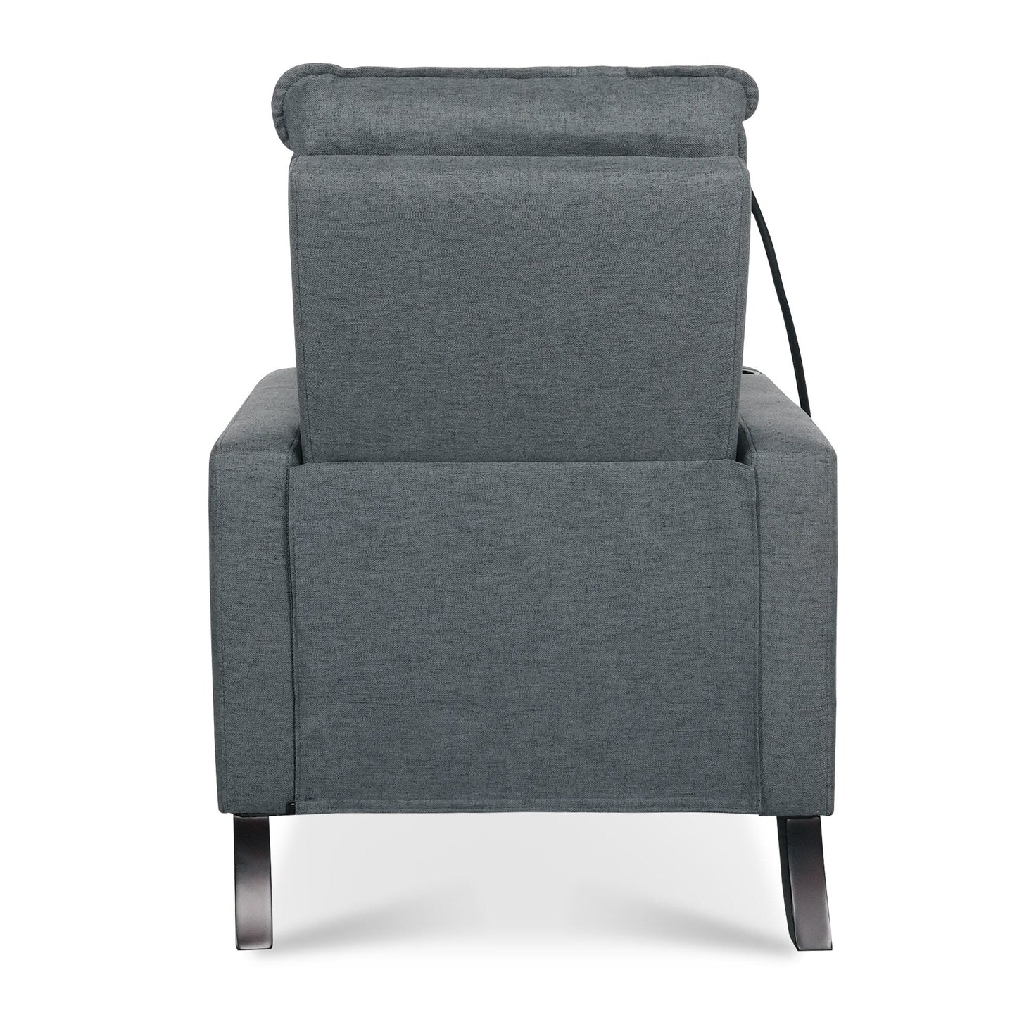 Fauteuil inclinable manuel moderne en tissu gris avec support pour téléphone portable, porte-gobelet et repose-pieds