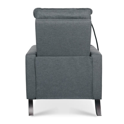 Fauteuil inclinable manuel moderne en tissu gris avec support pour téléphone portable, porte-gobelet et repose-pieds