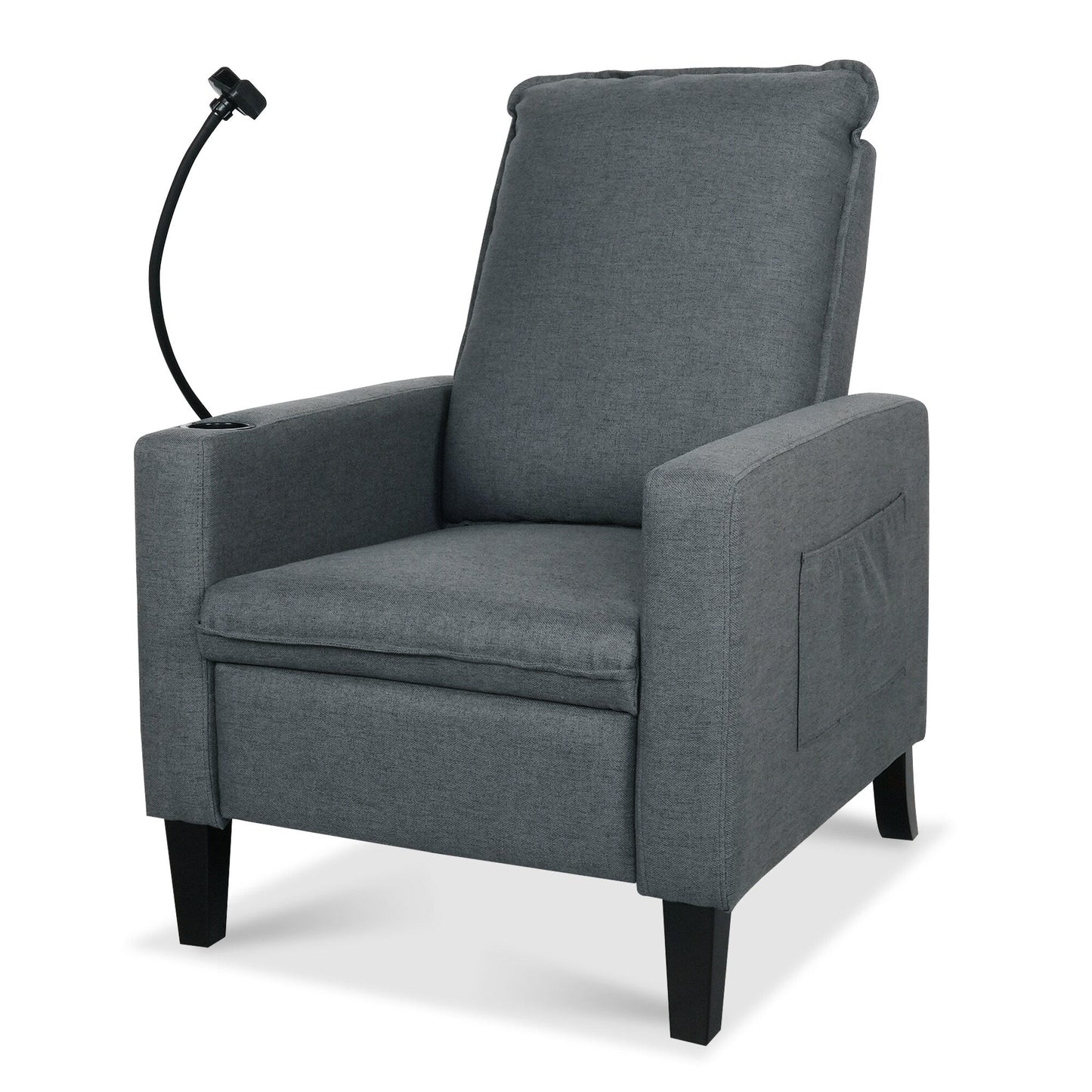 Fauteuil inclinable manuel moderne en tissu gris avec support pour téléphone portable, porte-gobelet et repose-pieds