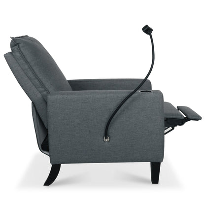 Fauteuil inclinable manuel moderne en tissu gris avec support pour téléphone portable, porte-gobelet et repose-pieds
