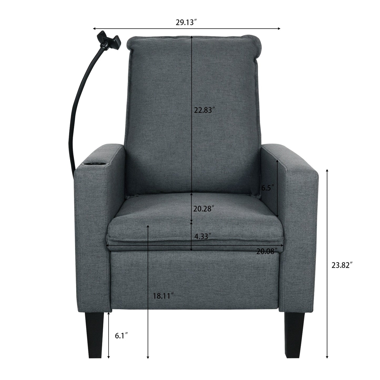 Fauteuil inclinable manuel moderne en tissu gris avec support pour téléphone portable, porte-gobelet et repose-pieds