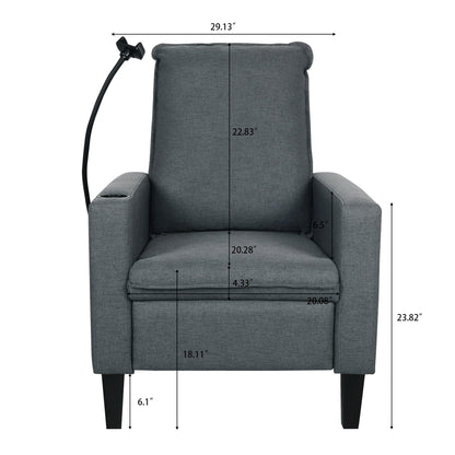 Fauteuil inclinable manuel moderne en tissu gris avec support pour téléphone portable, porte-gobelet et repose-pieds