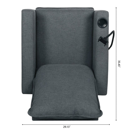 Fauteuil inclinable manuel moderne en tissu gris avec support pour téléphone portable, porte-gobelet et repose-pieds