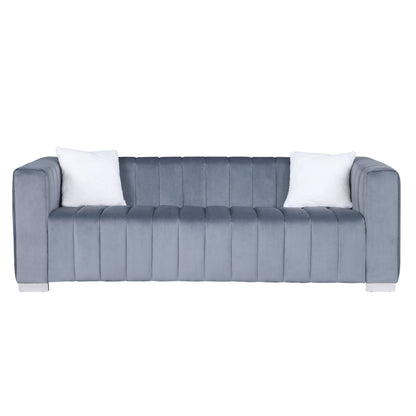 Canapé-lit 3 places en velours gris moderne de 216 cm avec coussins en mousse moelleux, 2 oreillers et revêtement en tissu à canaux