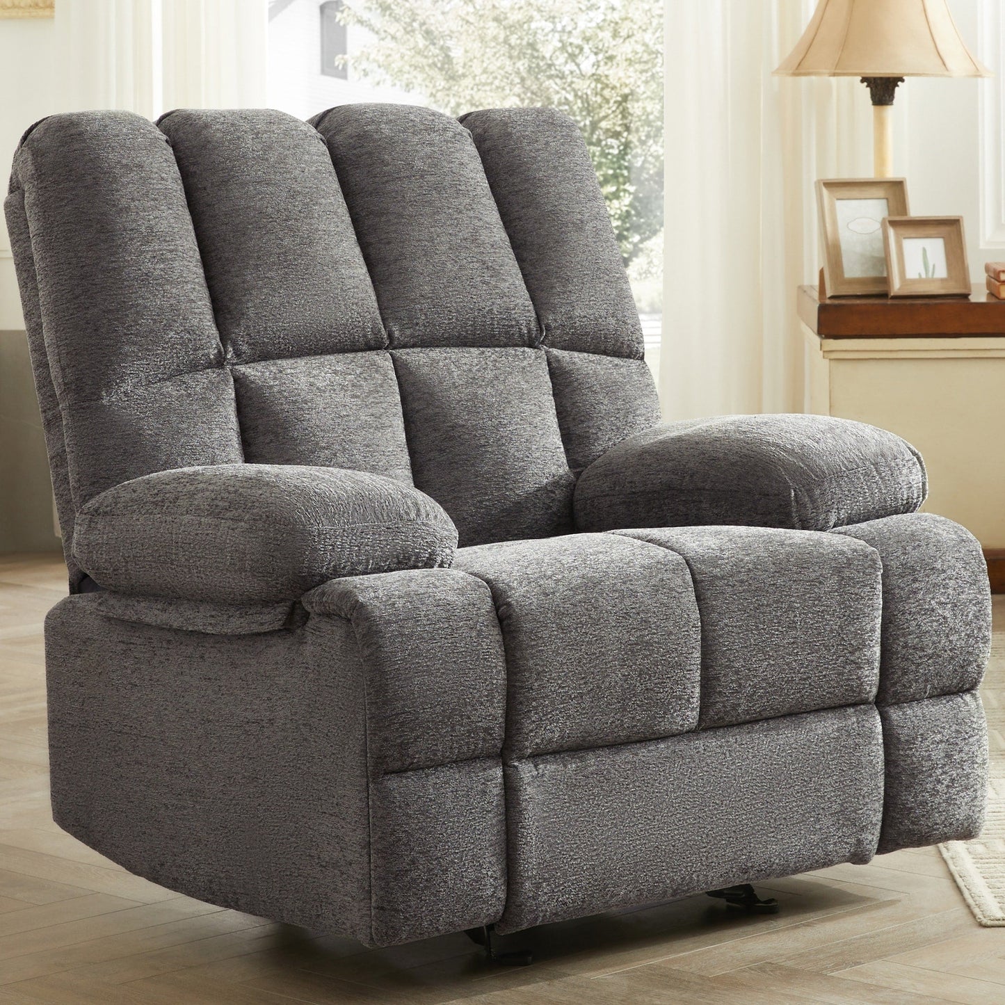 Fauteuil inclinable manuel à bascule rembourré en velours gris surdimensionné avec coussin épais et siège extra large