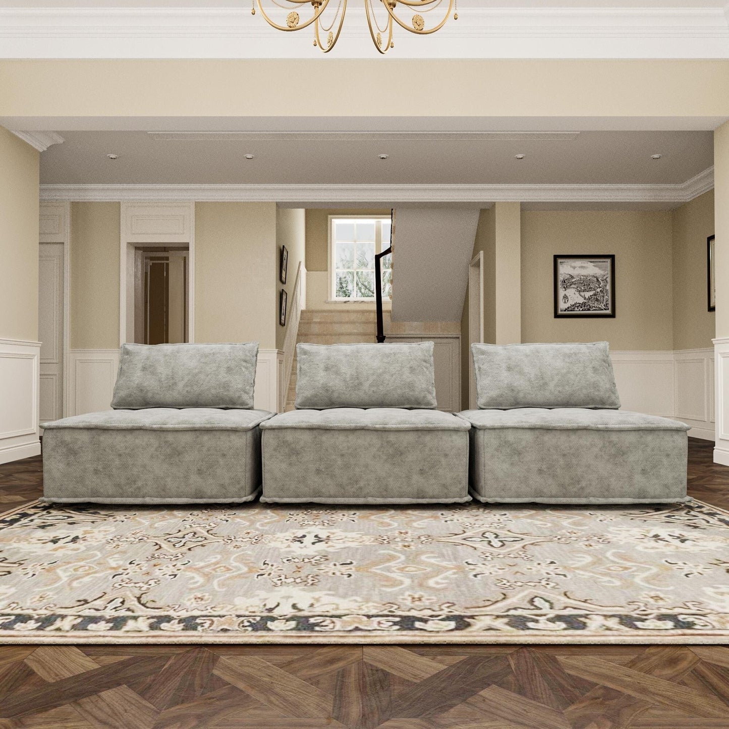 Ensemble de canapés modulaires carrés surdimensionnés gris 3 pièces en chenille avec coussins en mousse haute densité, combinaison libre