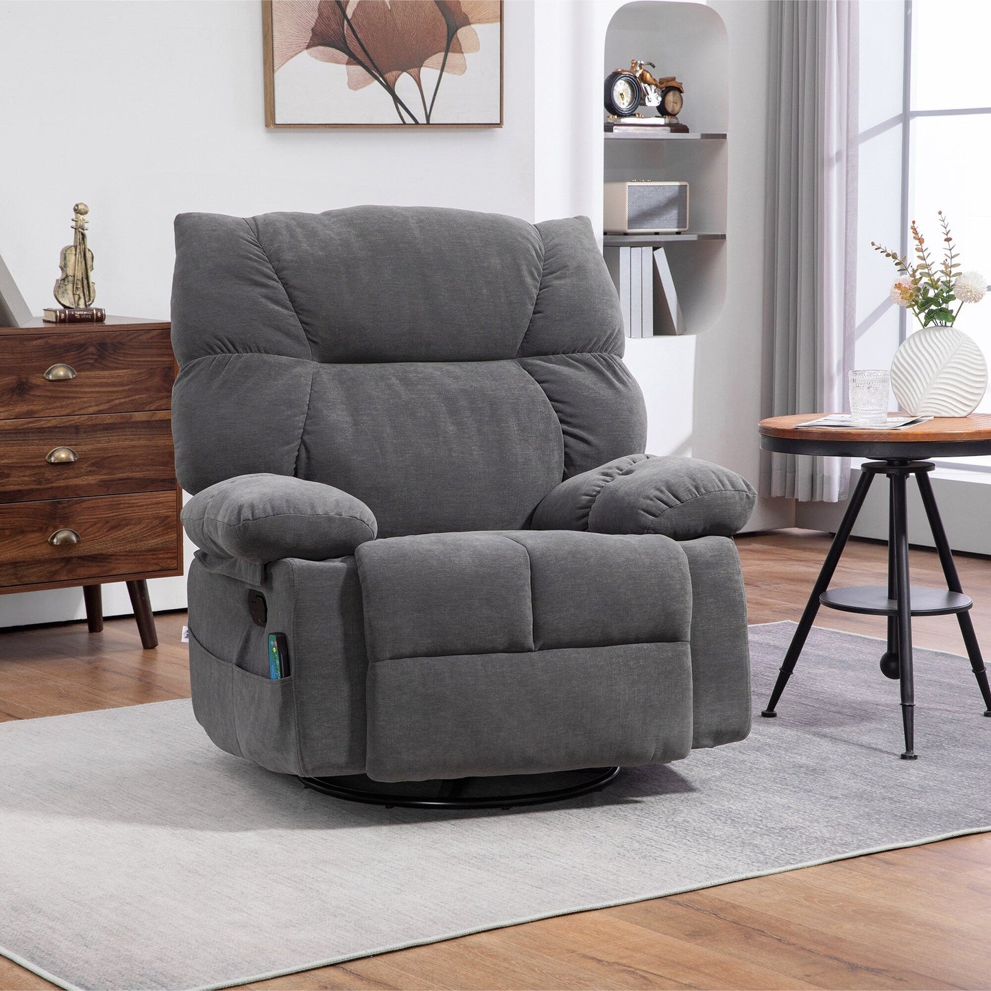 Fauteuil inclinable pivotant manuel surdimensionné gris avec massage chauffant, repose-pieds, 4 poches latérales et télécommande