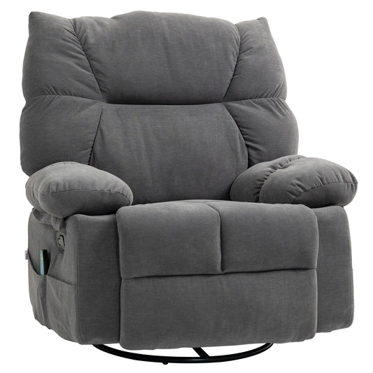 Fauteuil inclinable pivotant manuel surdimensionné gris avec massage par vibration, chauffage, repose-pieds, quatre poches latérales et télécommande