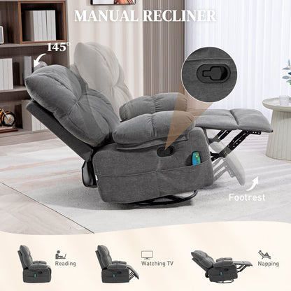 Fauteuil inclinable pivotant manuel surdimensionné gris avec massage par vibration, chauffage, repose-pieds, quatre poches latérales et télécommande