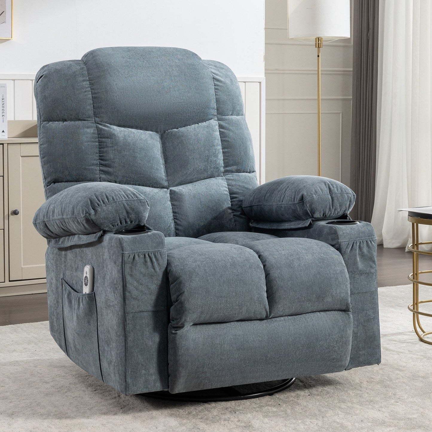 Fauteuil inclinable à bascule surdimensionné gris avec massage et chauffage, 2 porte-gobelets, port de chargement USB, inclinaison à 150° et bascule à 30°