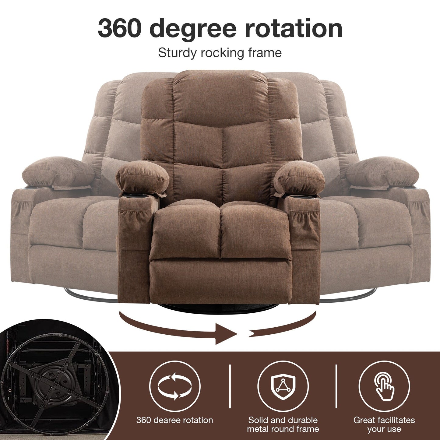 Fauteuil inclinable à bascule surdimensionné gris avec massage et chauffage, 2 porte-gobelets, port de chargement USB, inclinaison à 150° et bascule à 30°