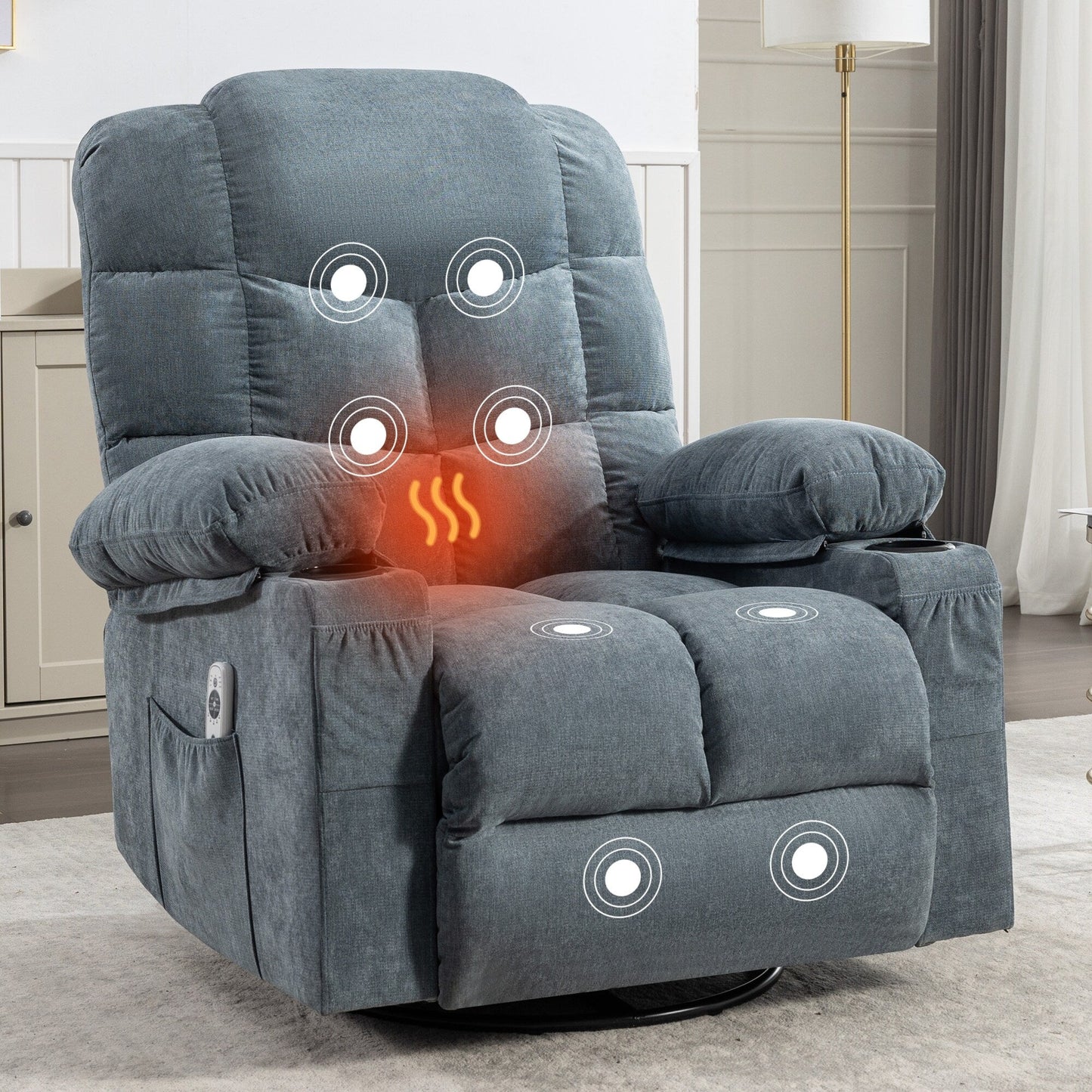 Fauteuil inclinable à bascule surdimensionné gris avec massage et chauffage, 2 porte-gobelets, port de chargement USB, inclinaison à 150° et bascule à 30°