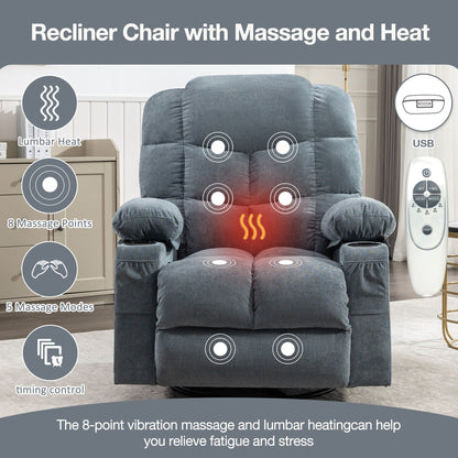 Fauteuil inclinable à bascule surdimensionné gris avec massage par vibrations, chauffage, port USB, deux porte-gobelets et poches latérales