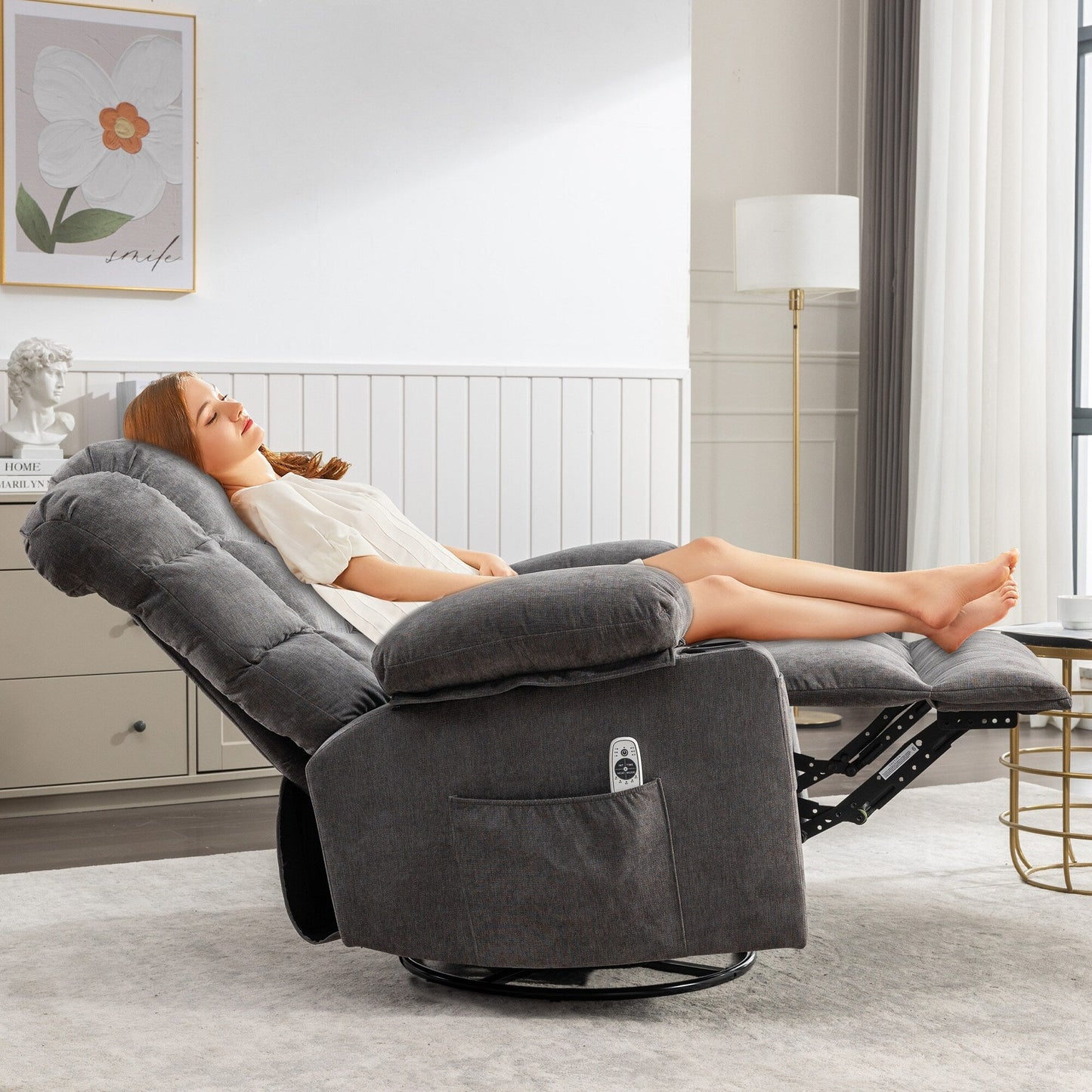 Fauteuil inclinable à bascule surdimensionné gris avec massage par vibrations, chauffage, port USB, deux porte-gobelets et poches latérales