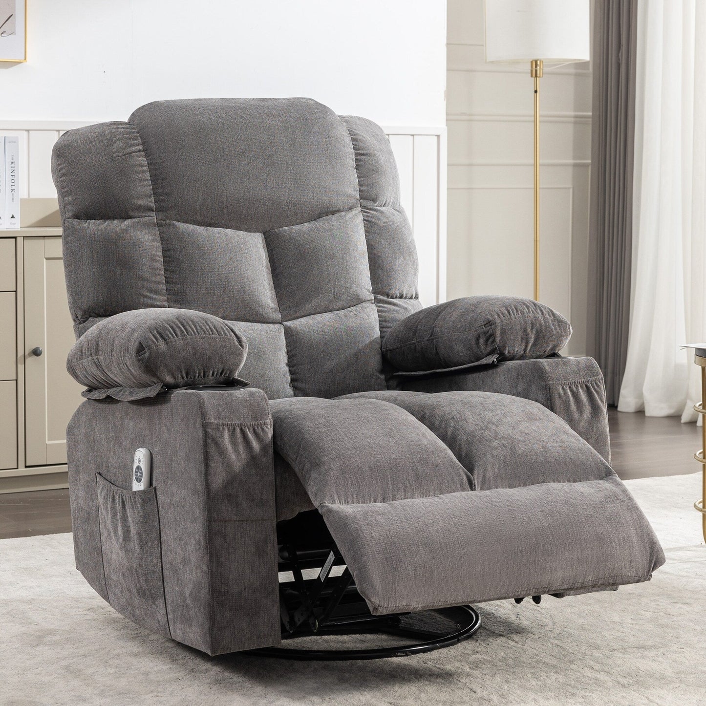 Fauteuil inclinable à bascule surdimensionné gris avec massage par vibrations, chauffage, port USB, deux porte-gobelets et poches latérales