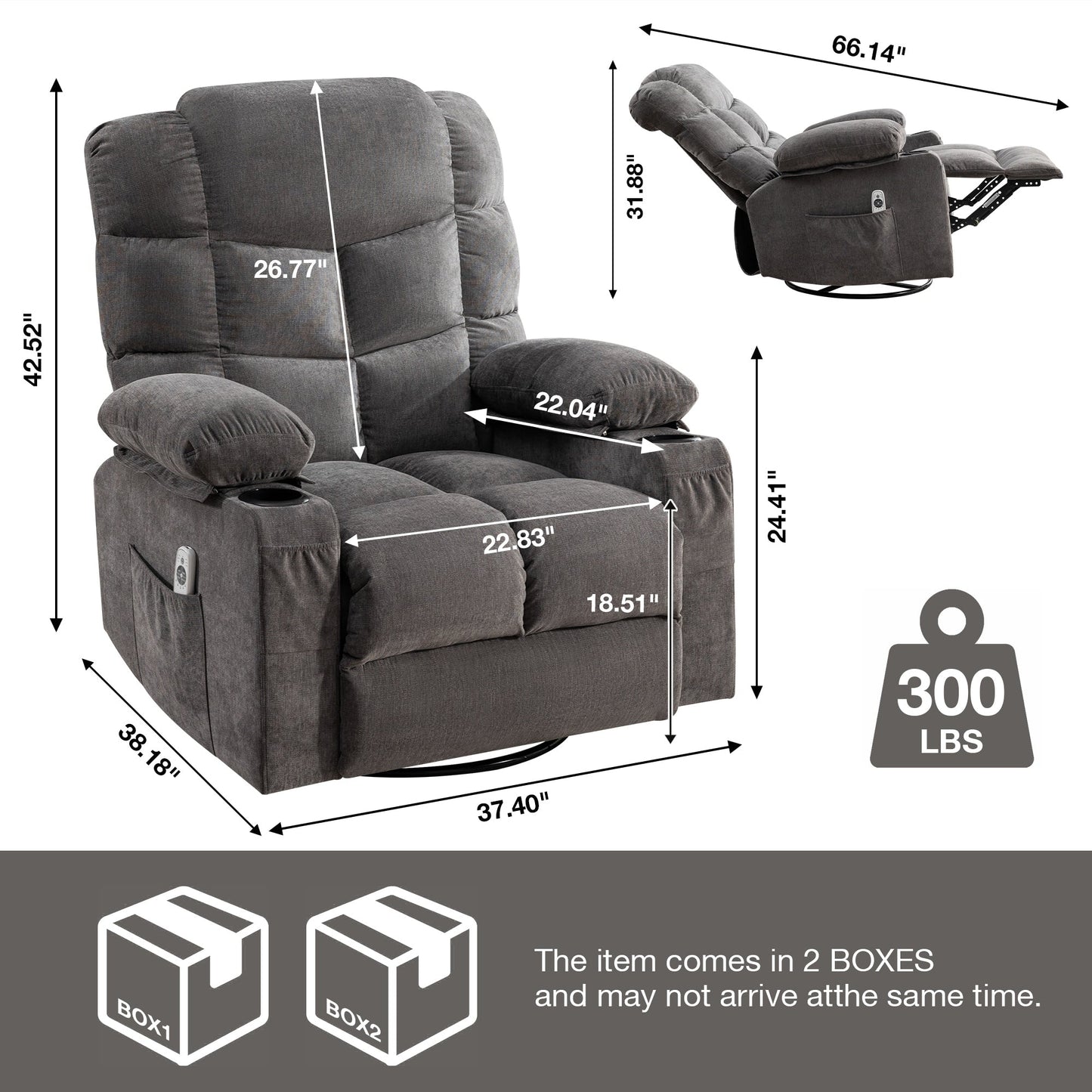 Fauteuil inclinable à bascule surdimensionné gris avec chauffage, massage, deux porte-gobelets, chargement USB, inclinaison à 150° et mouvement de bascule à 30°