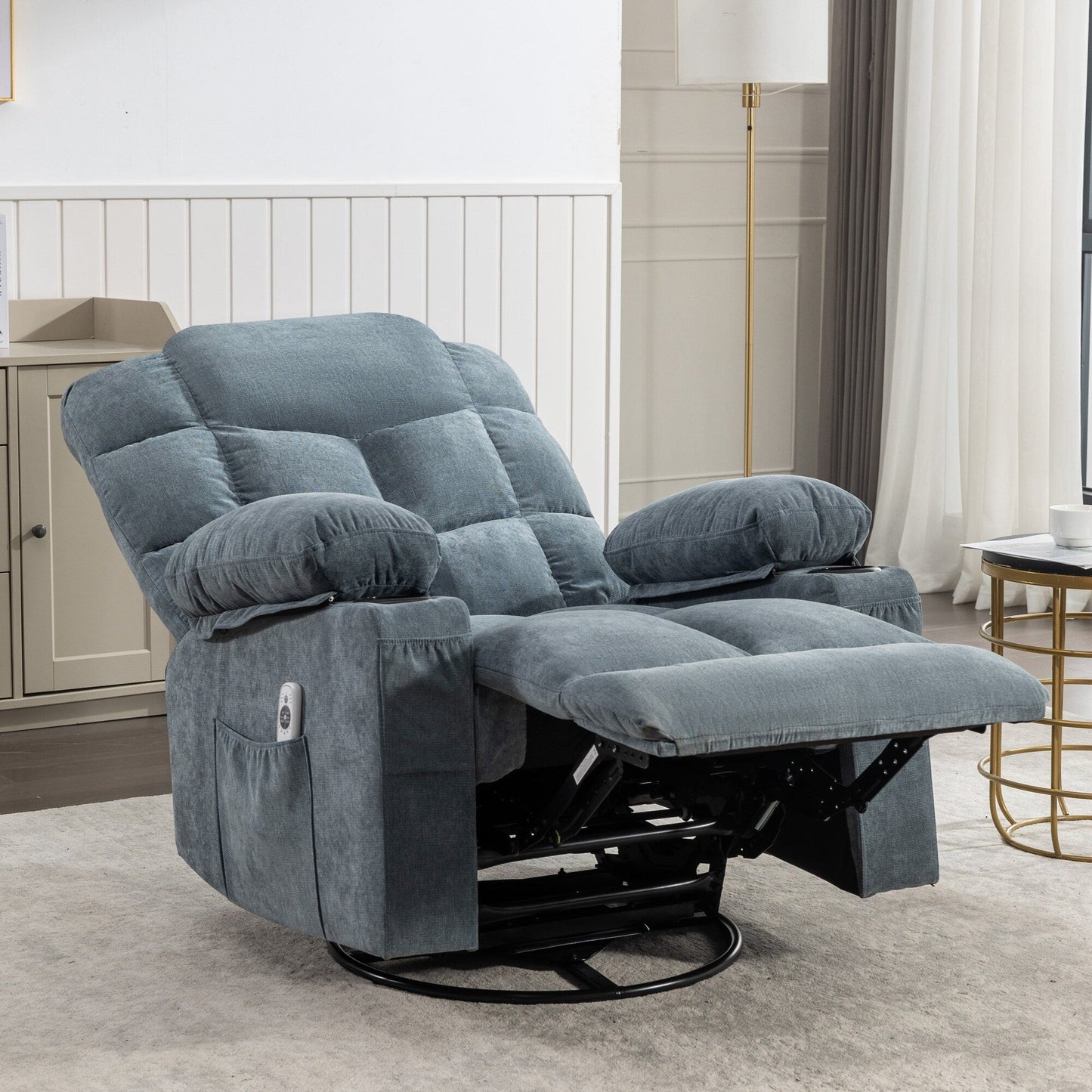 Fauteuil inclinable à bascule surdimensionné gris avec massage, chauffage, port USB et porte-gobelets