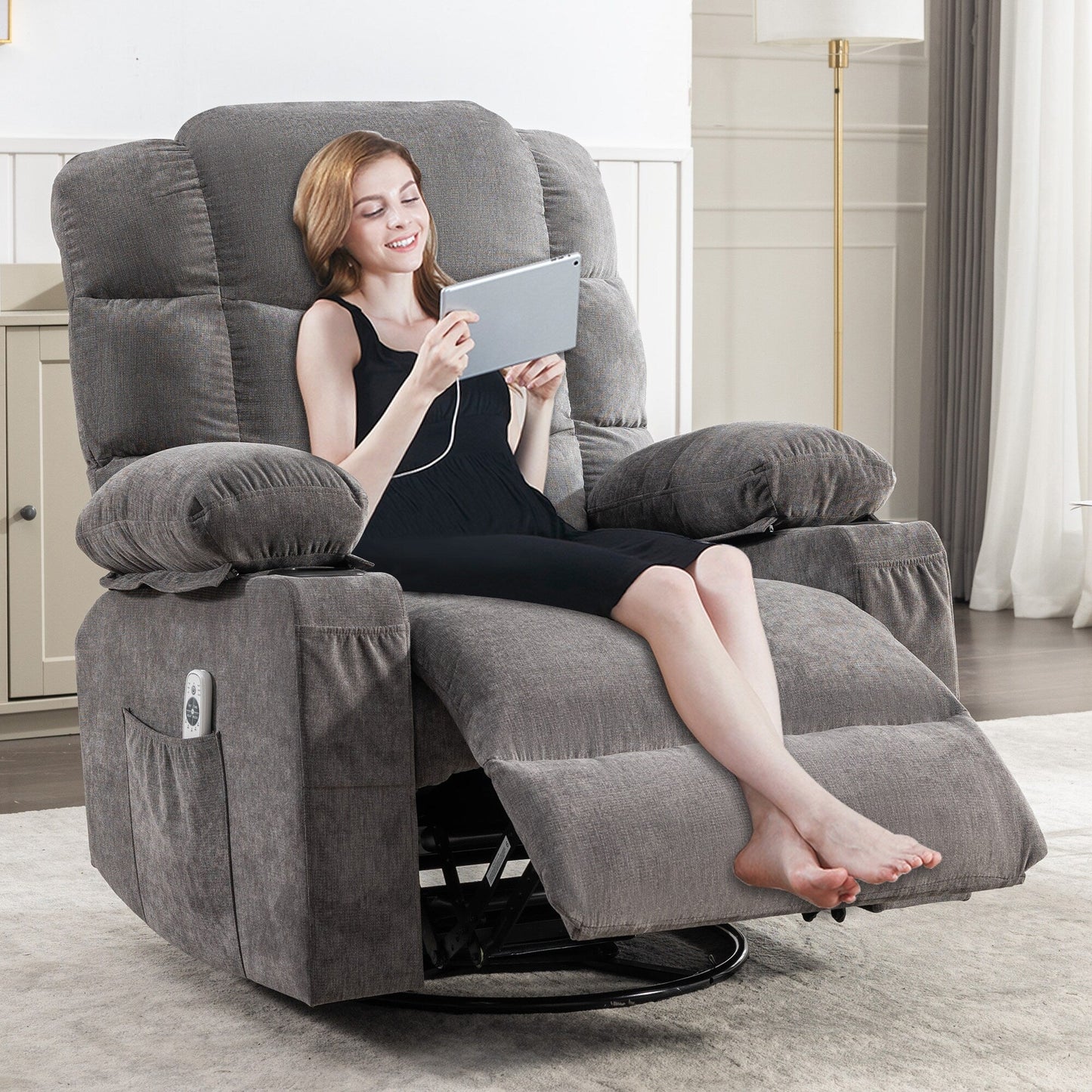 Fauteuil inclinable à bascule surdimensionné gris avec massage, chauffage, port USB et porte-gobelets