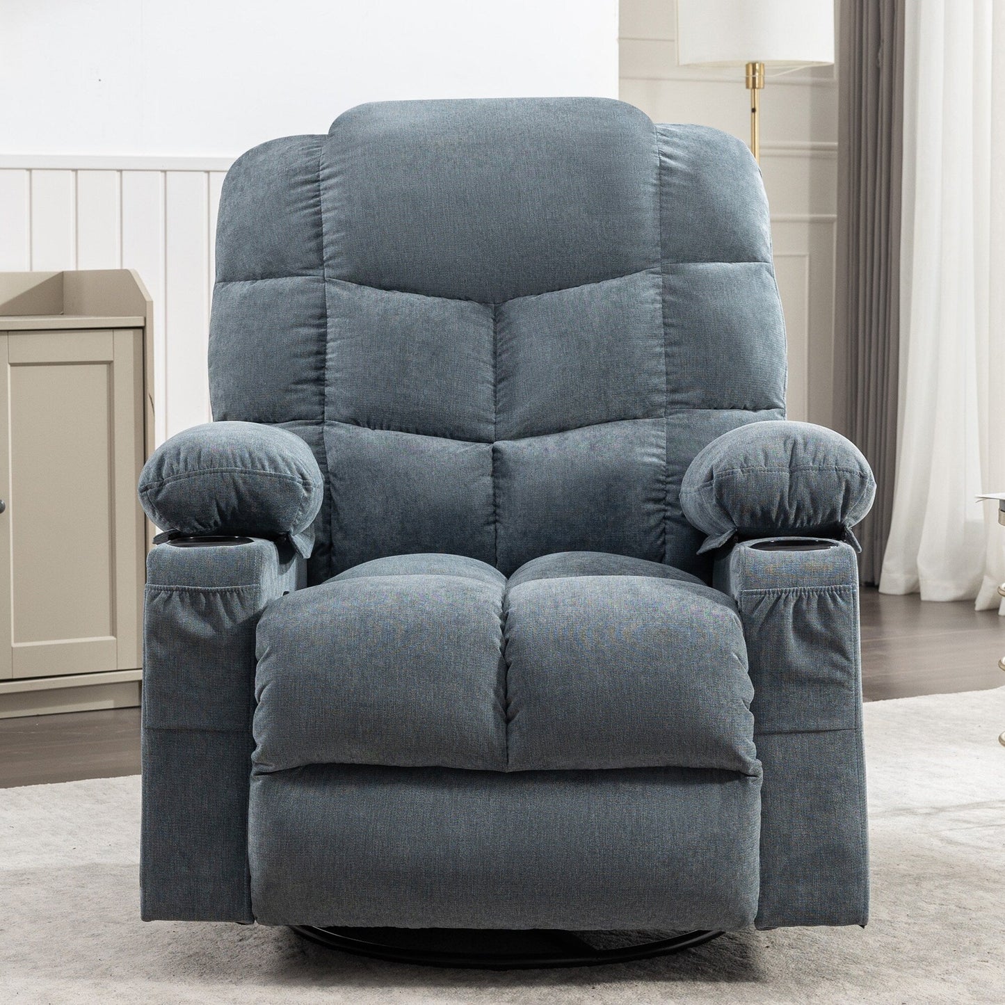 Fauteuil inclinable à bascule surdimensionné gris avec massage, chauffage, port USB et porte-gobelets