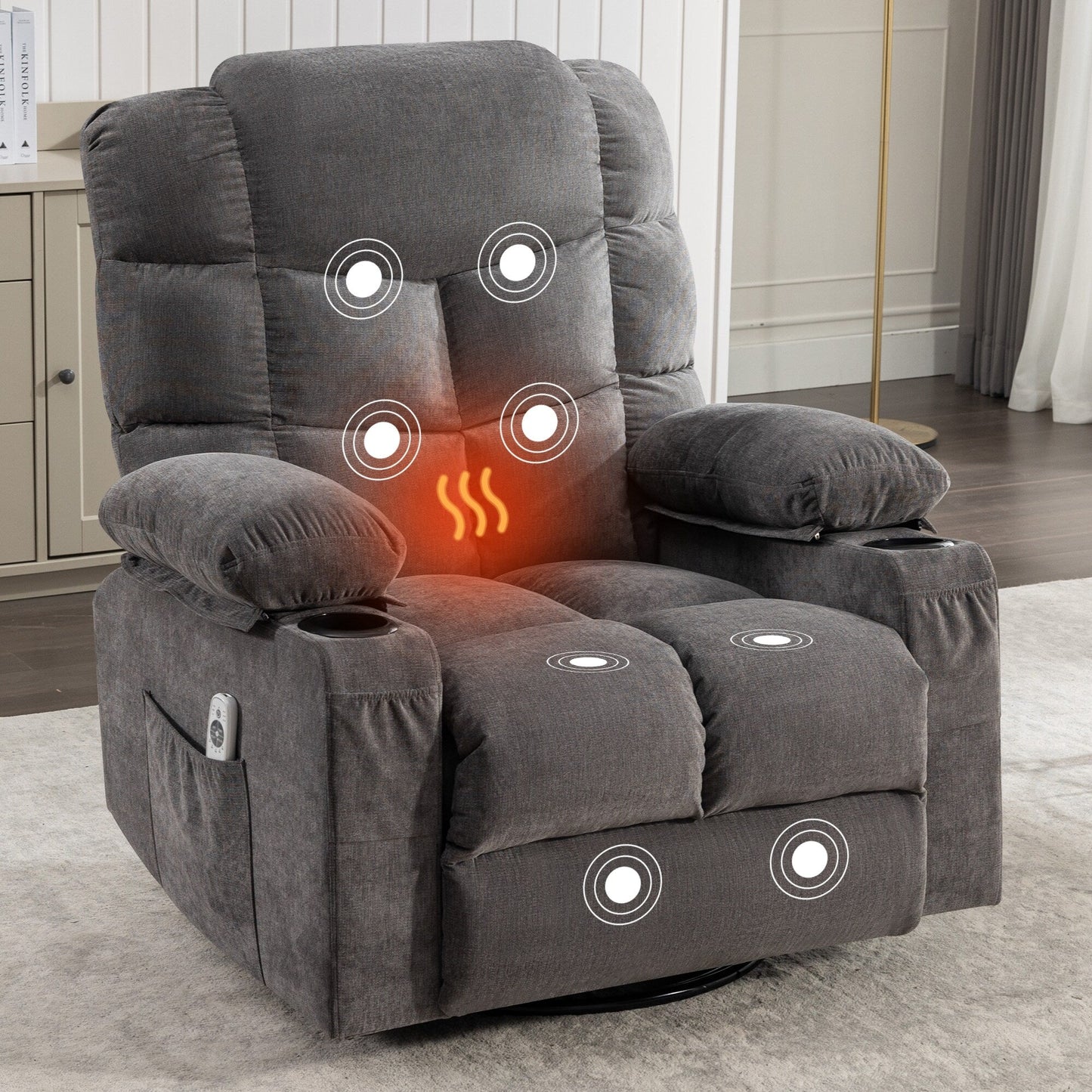 Fauteuil inclinable à bascule surdimensionné gris avec massage par vibration, chauffage, port USB, deux porte-gobelets et poches latérales