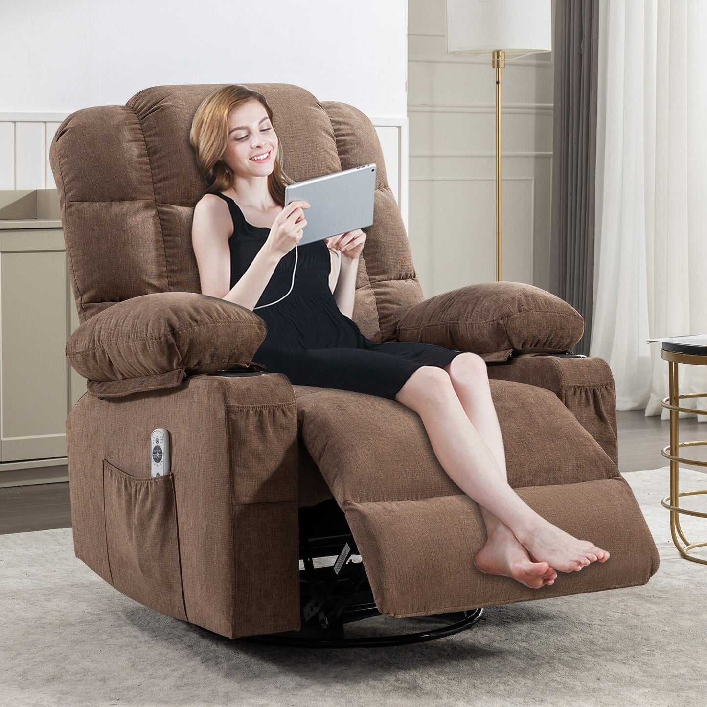 Fauteuil inclinable à bascule surdimensionné gris avec massage par vibration, chauffage, port USB, deux porte-gobelets et poches latérales