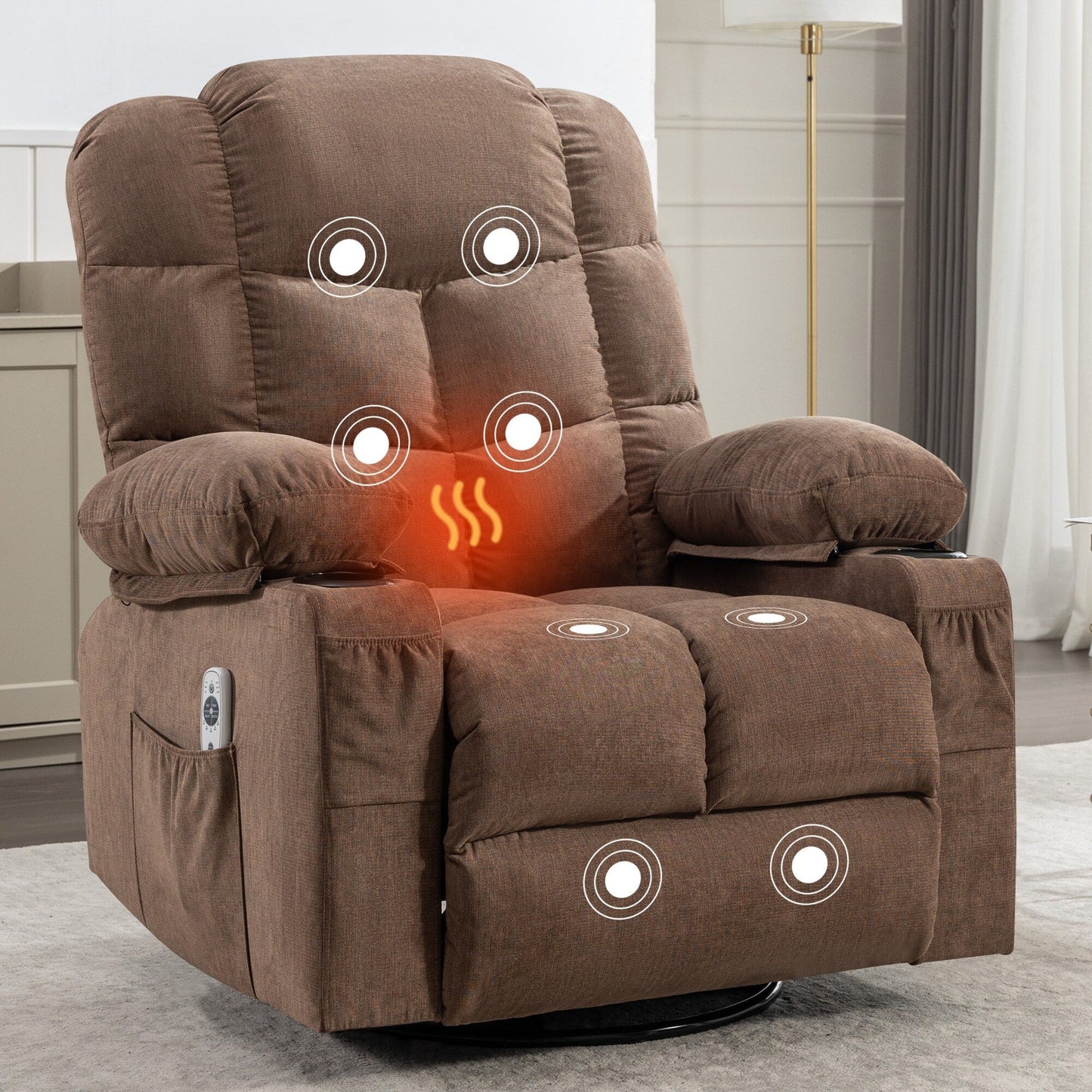 Fauteuil inclinable à bascule surdimensionné gris avec massage par vibration, chauffage, port USB, deux porte-gobelets et poches latérales