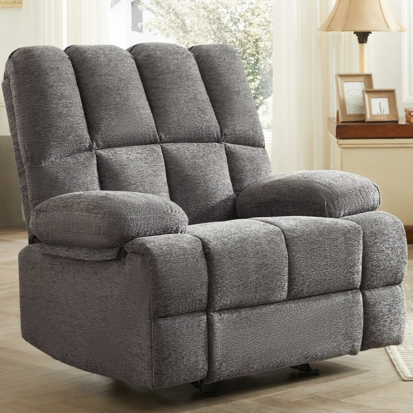 Fauteuil inclinable à bascule surdimensionné gris, avec fonction de bascule à 30° et inclinaison à 160°, supporte jusqu'à 350 lb