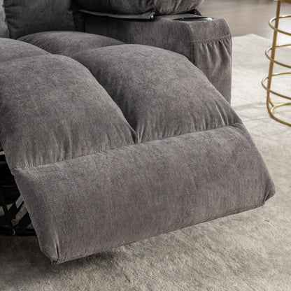 Fauteuil inclinable à bascule surdimensionné gris avec massage par vibrations, chauffage, port USB, deux porte-gobelets et rangement latéral