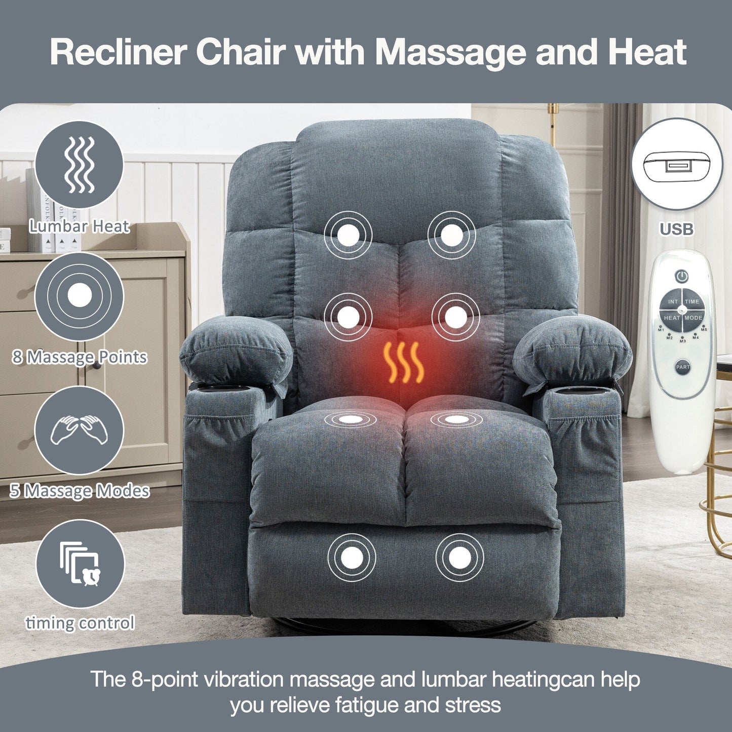 Fauteuil inclinable à bascule surdimensionné gris avec massage par vibrations, chauffage, port USB, deux porte-gobelets et rangement latéral