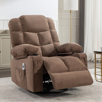 Fauteuil inclinable à bascule surdimensionné gris avec massage par vibrations, chauffage, port USB, deux porte-gobelets et rangement latéral