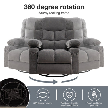 Fauteuil inclinable à bascule surdimensionné gris avec massage par vibrations, chauffage, port USB, deux porte-gobelets et rangement latéral