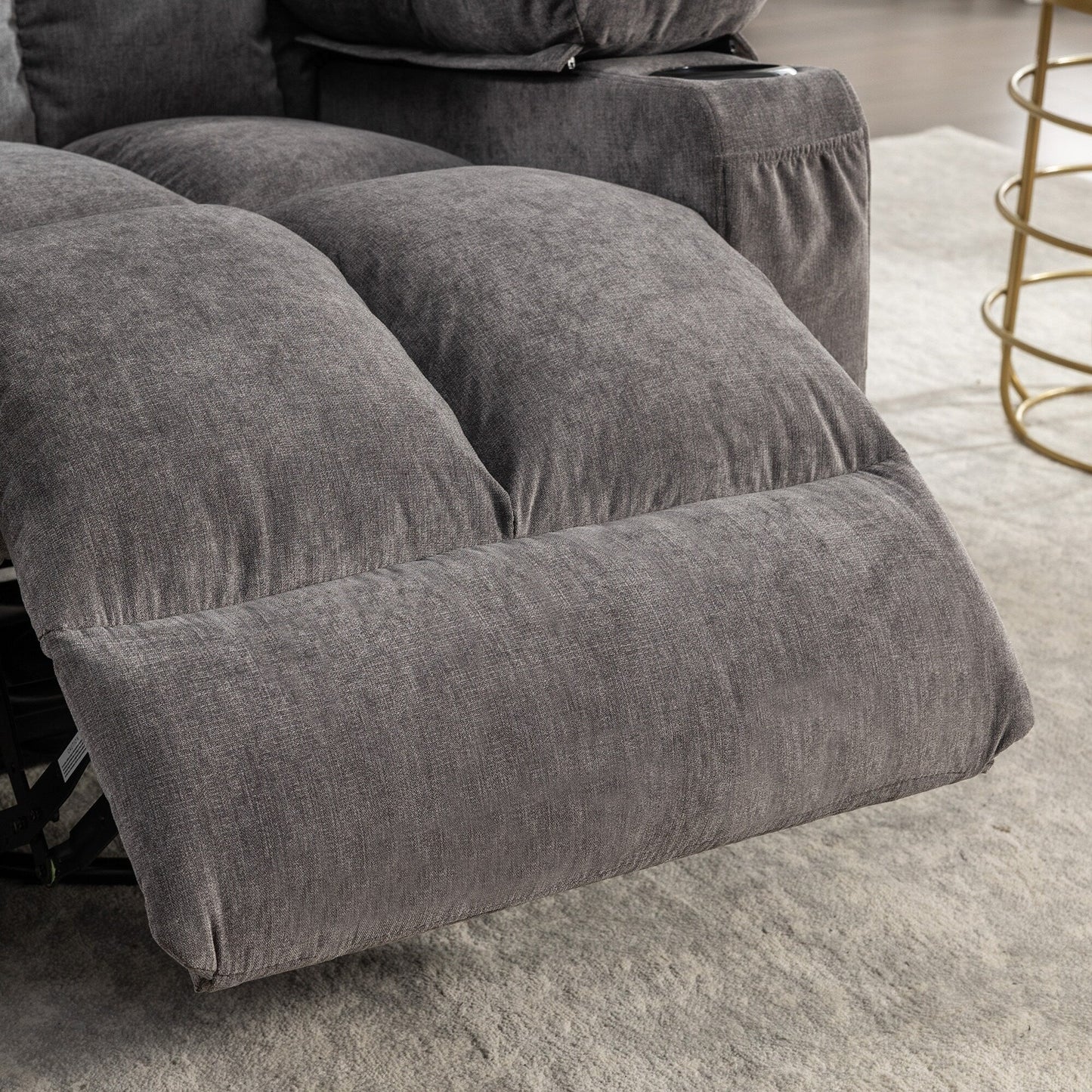 Fauteuil inclinable à bascule surdimensionné gris avec massage par vibrations, chauffage, port USB, deux porte-gobelets et pochette de rangement