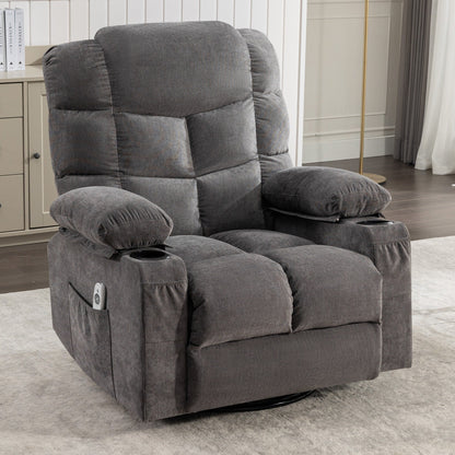 Fauteuil inclinable à bascule surdimensionné gris avec massage par vibrations, chauffage, port USB, deux porte-gobelets et pochette de rangement
