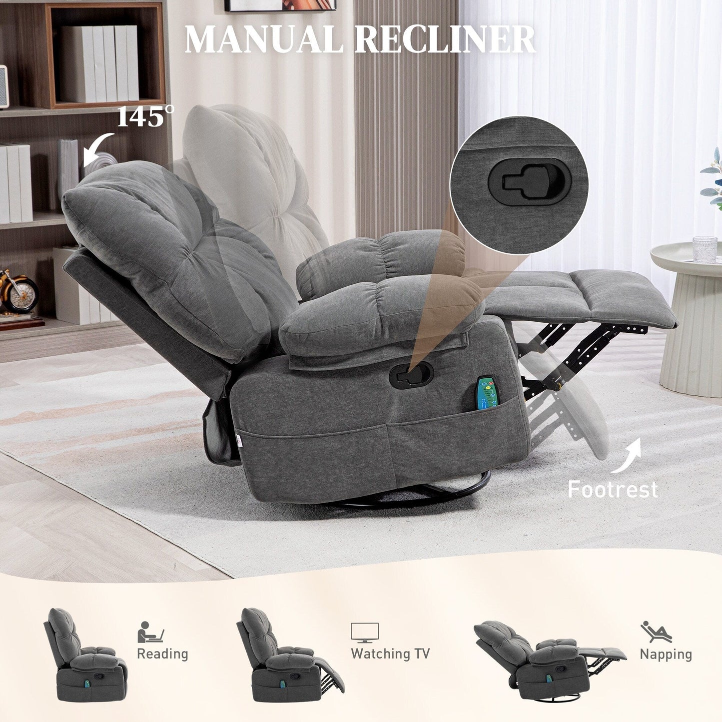 Fauteuil inclinable manuel pivotant surdimensionné gris avec massage par vibrations, chauffage et repose-pieds, 4 poches latérales et télécommande