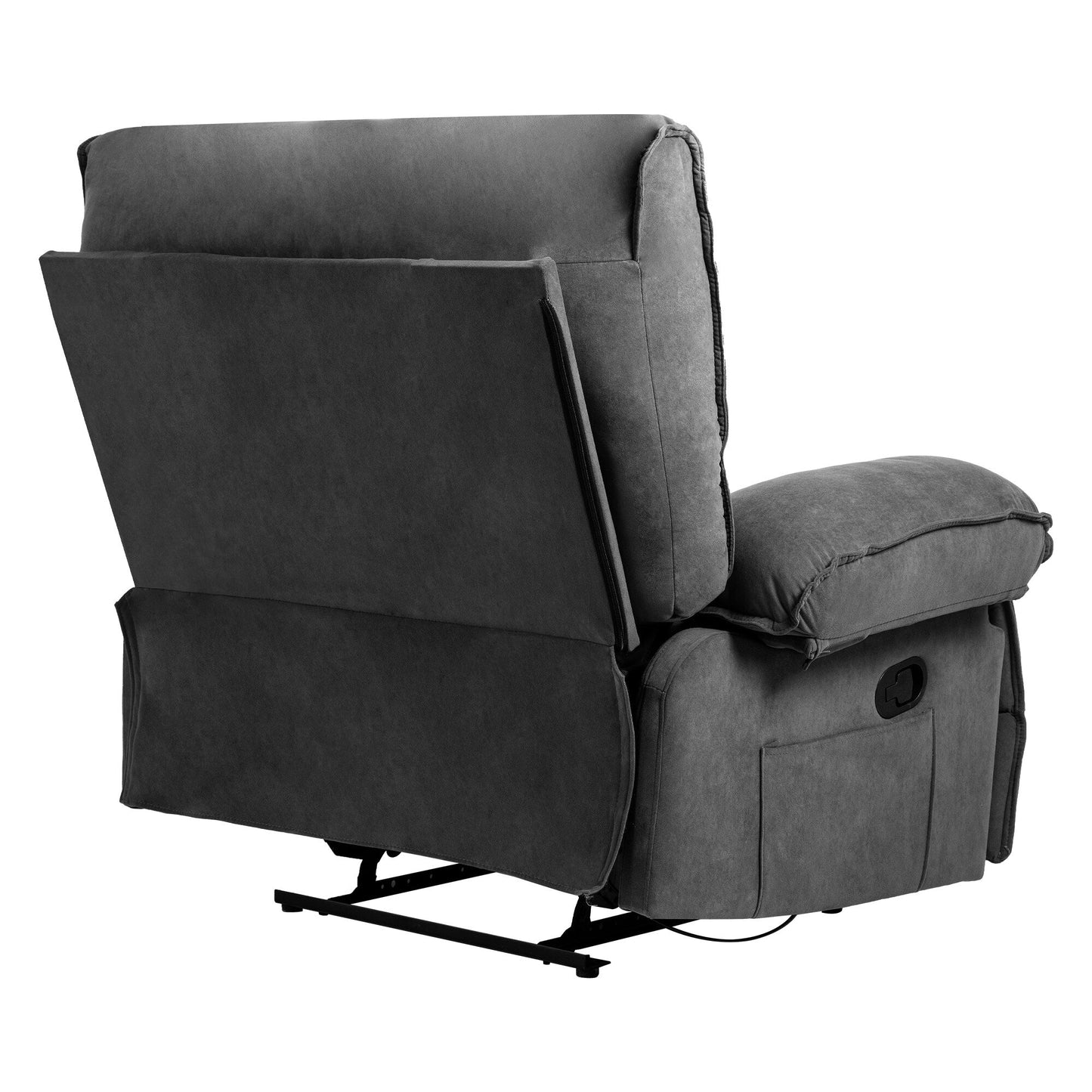 Fauteuil inclinable surdimensionné en velours gris avec coussin lombaire chauffant et massant, accoudoirs coussinés et poches latérales