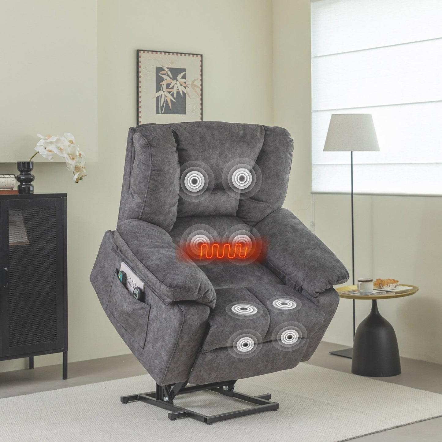 Fauteuil inclinable massant électrique surdimensionné en velours gris avec massage par vibration à 8 points, chauffage lombaire et poches latérales