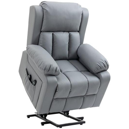 Fauteuil inclinable électrique en cuir synthétique gris avec massage par vibration et chauffage, télécommande et poches latérales