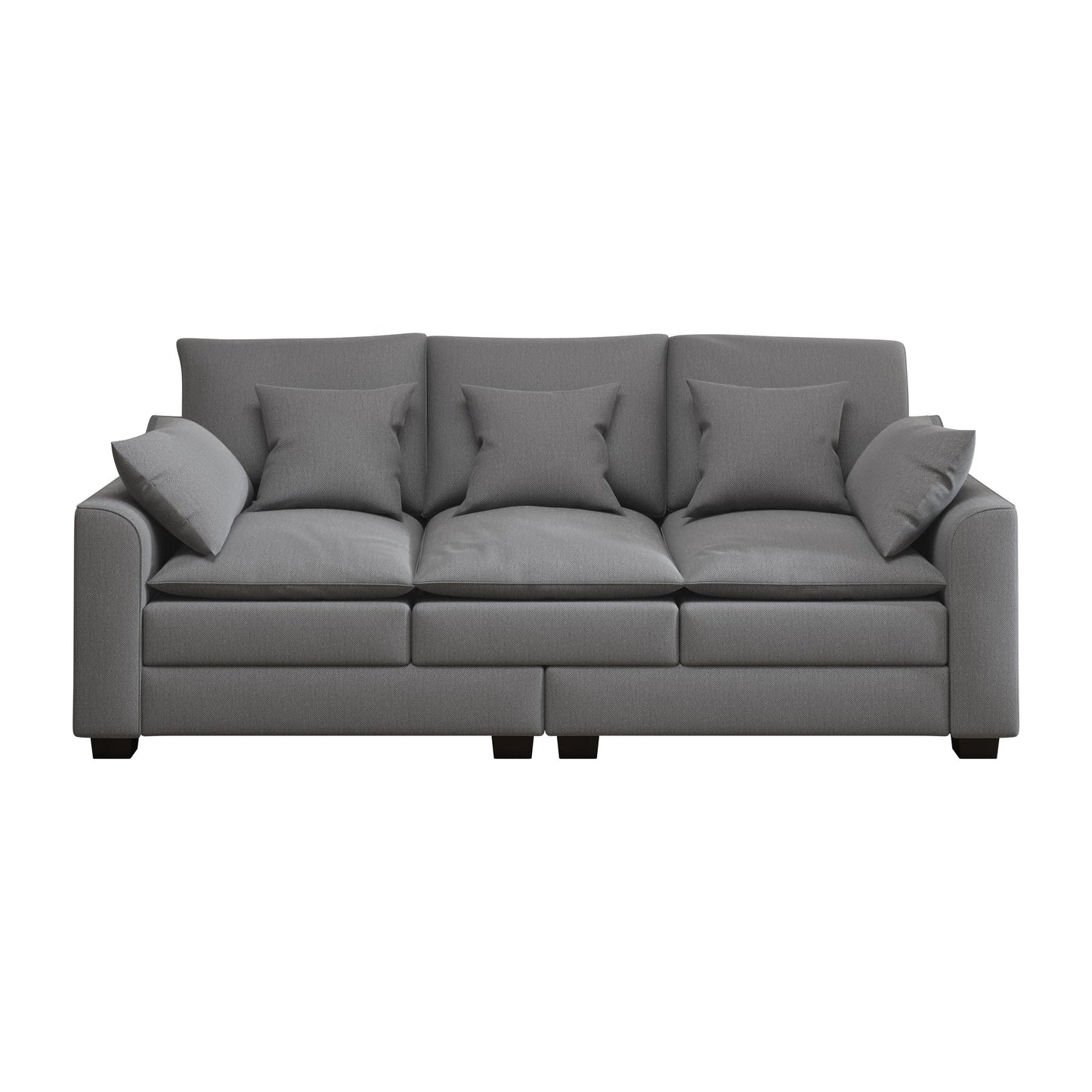 Canapé 3 places en polyester gris avec coussins et pieds en bois